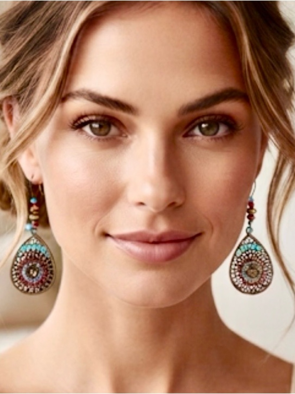 Boho Teardrop Dangle Earrings with Turquoise and Red Accents